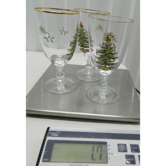 Spode Christmas Tree Goblet Set Of 3 Gold Rim 7" Footed Vintage Holiday Glasses - Picture 13 of 14